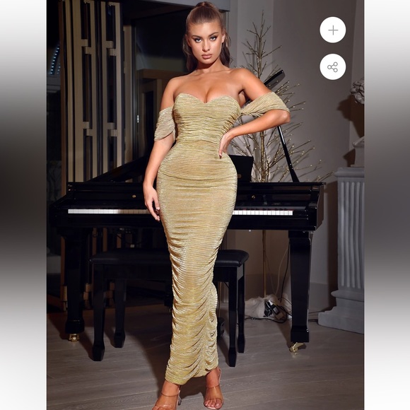 Miss Circle Gene Gold ruched off the shoulder chiffon maxi dress - Picture 2 of 6